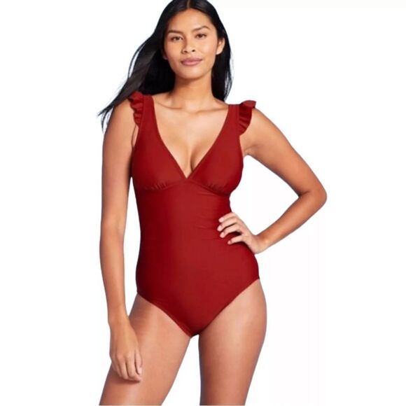 Kona Sol Other - Kona Sol Maroon Ruffle One Piece Swimsuit XLarge High Coverage V-Neck